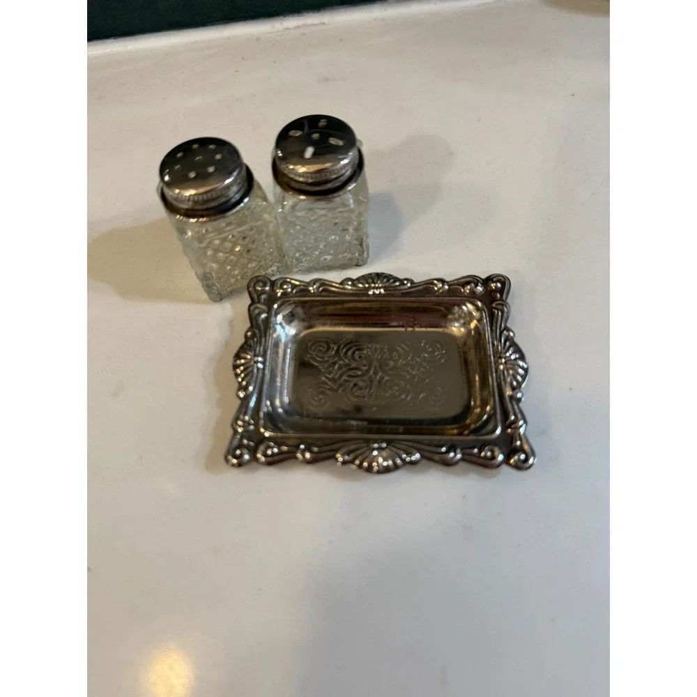 Vintage Mini Glass & Silver Plated Salt & Pepper Shaker With Tray